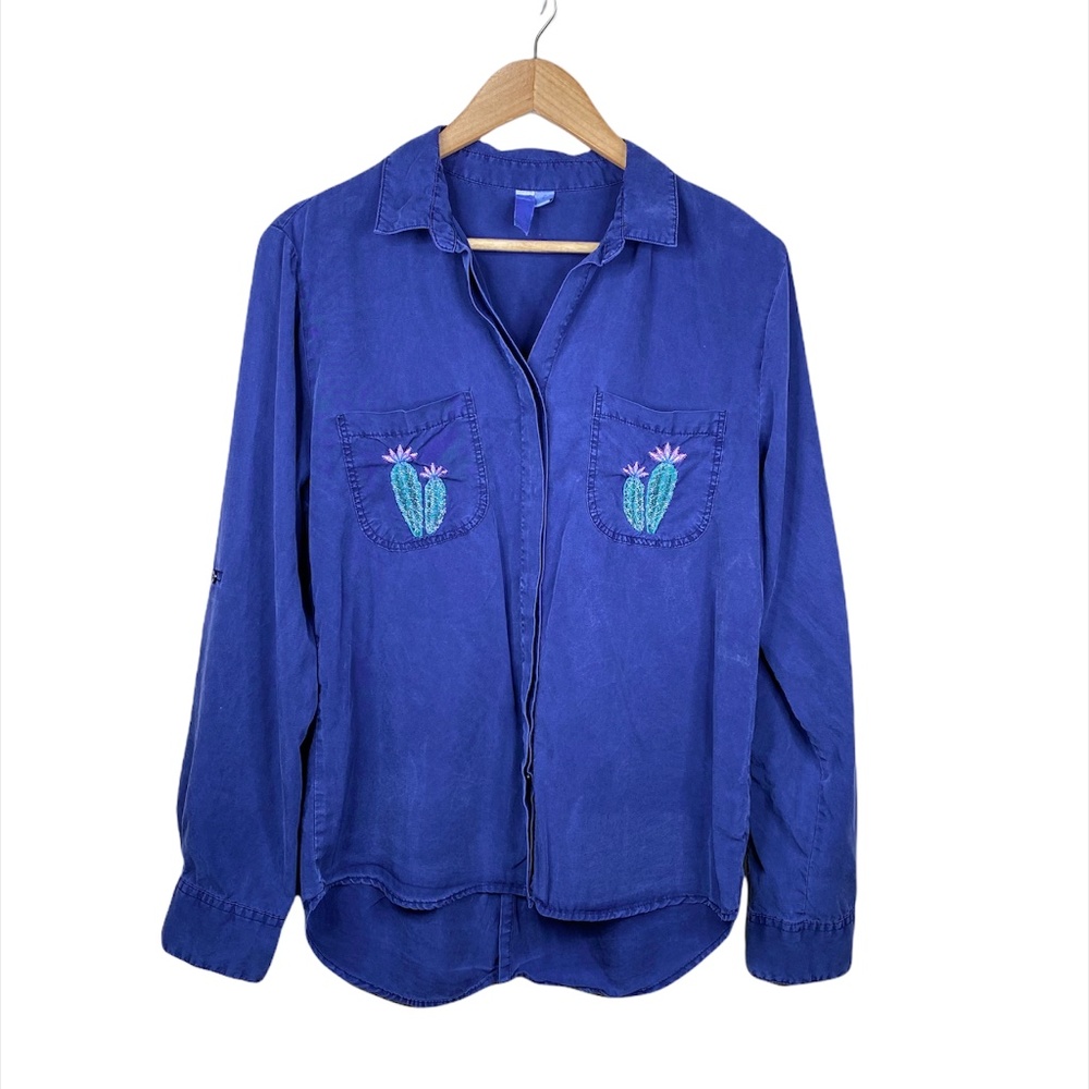 Alya Indigo Embroidered Cactus Button Down Shirt Womens Size Large